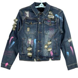 NWT Create 2MRW Men's Blue Denim Jacket Size M Distressed‎ Hand Painted Stretch